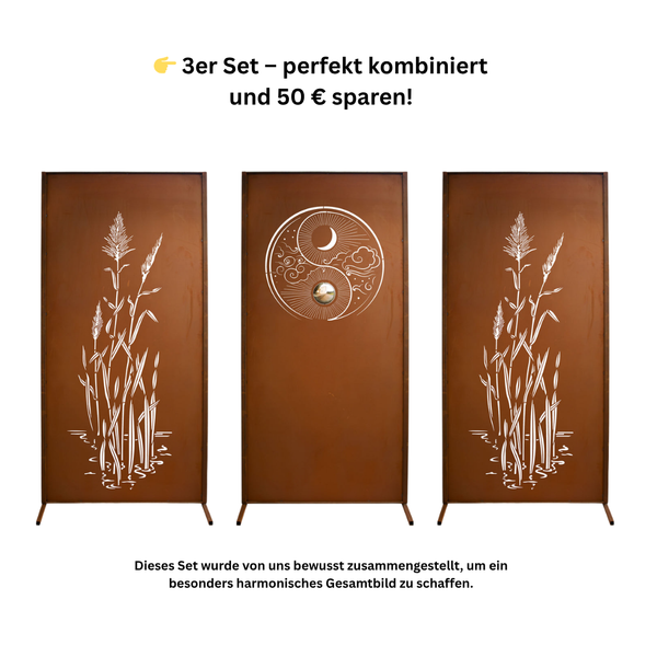 Sichtschutzwand Edelrost 3er Set – China & Yin Yang – Beliebte Kombination