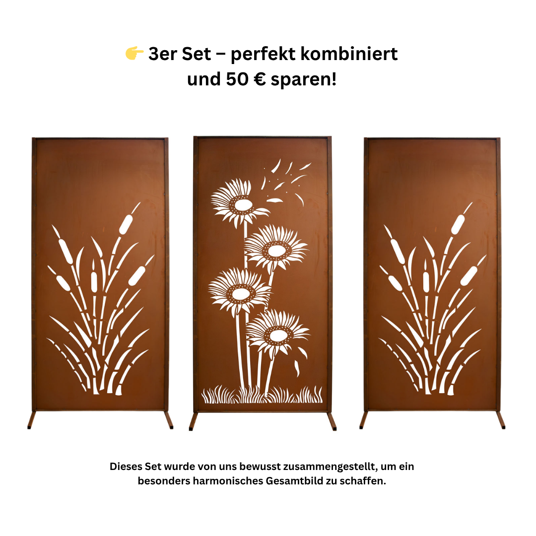 Sichtschutzwand Edelrost Bestseller 3er Spar-Set Windhauch & Schilf Gartenwand
