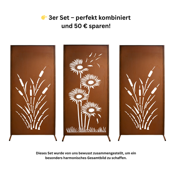 Sichtschutzwand Edelrost Bestseller 3er Spar-Set Windhauch & Schilf Gartenwand