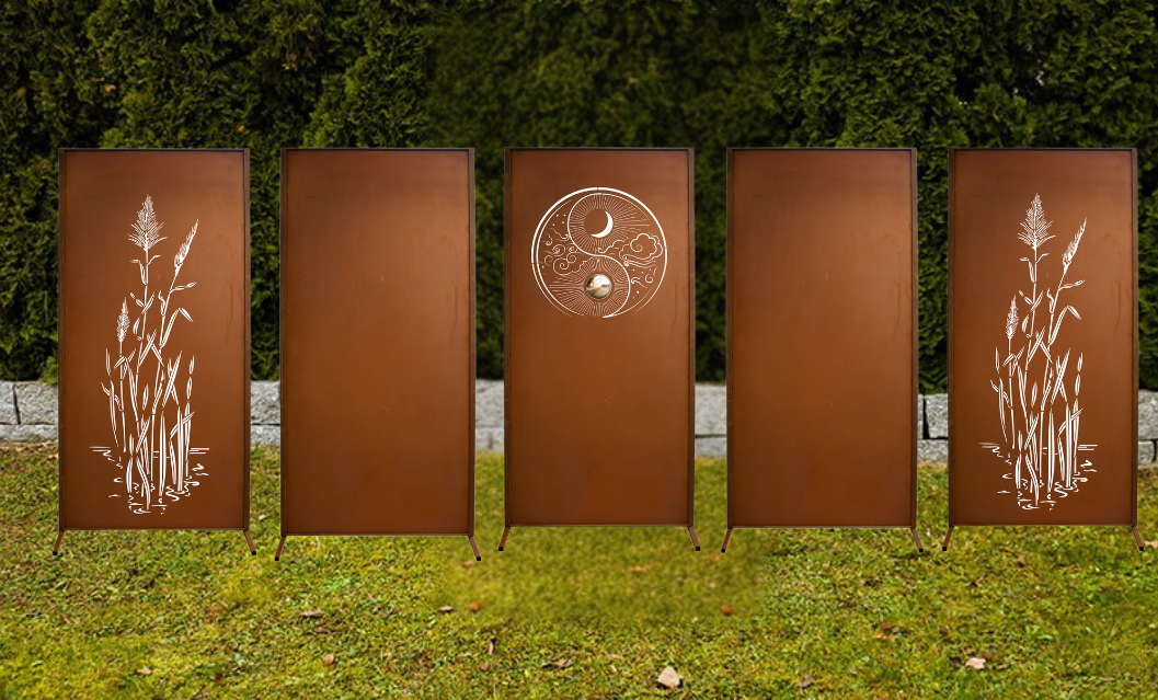 Edelrost Sichtschutzwand im 5er Set mit asiatischem China- und Yin-Yang-Design