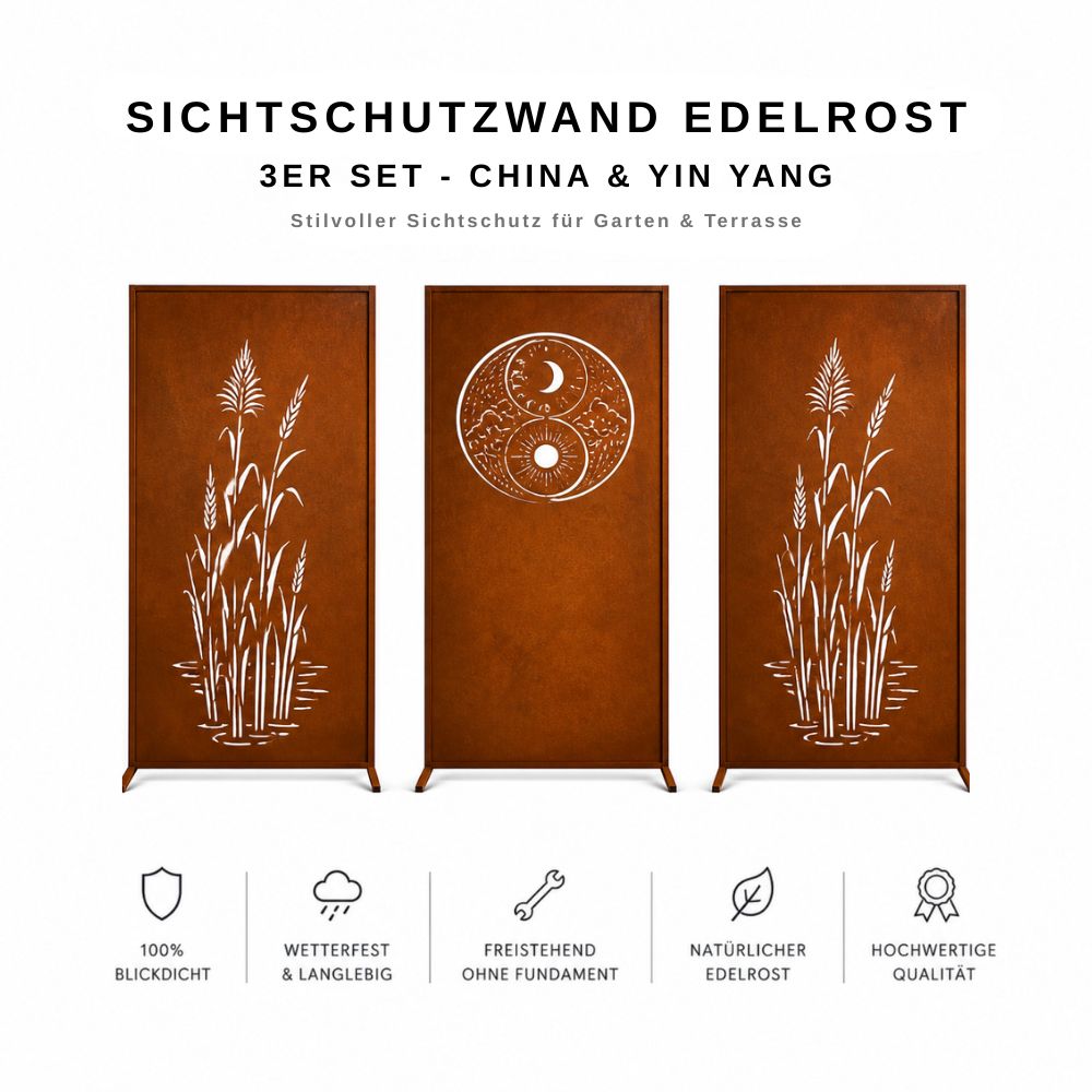 Edelrost Sichtschutzwand 3er Set – China & Yin Yang Kombination