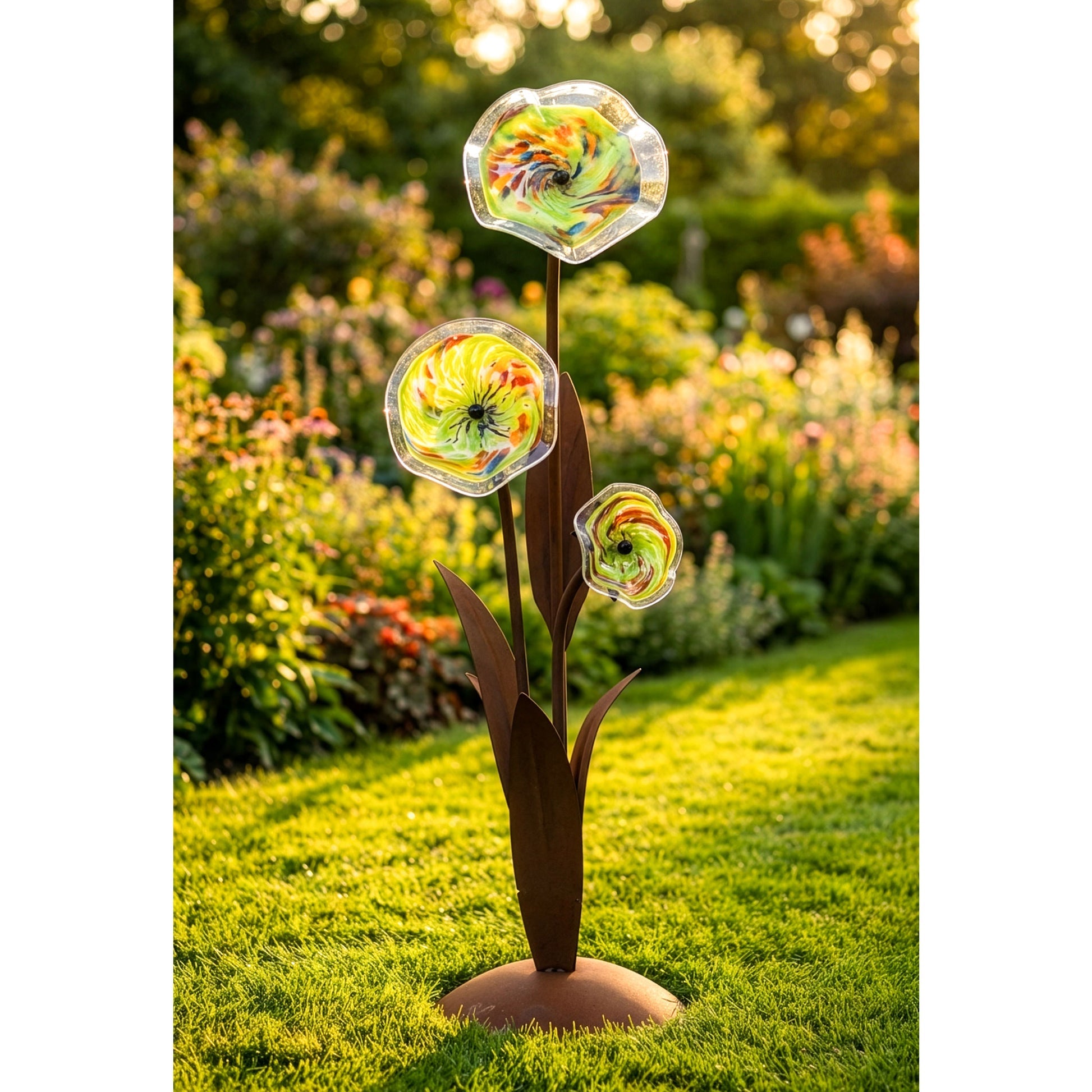 Glasblume Alexandra Edelrost Gartenstele mit handgeblasenen Glastellern 125 cm