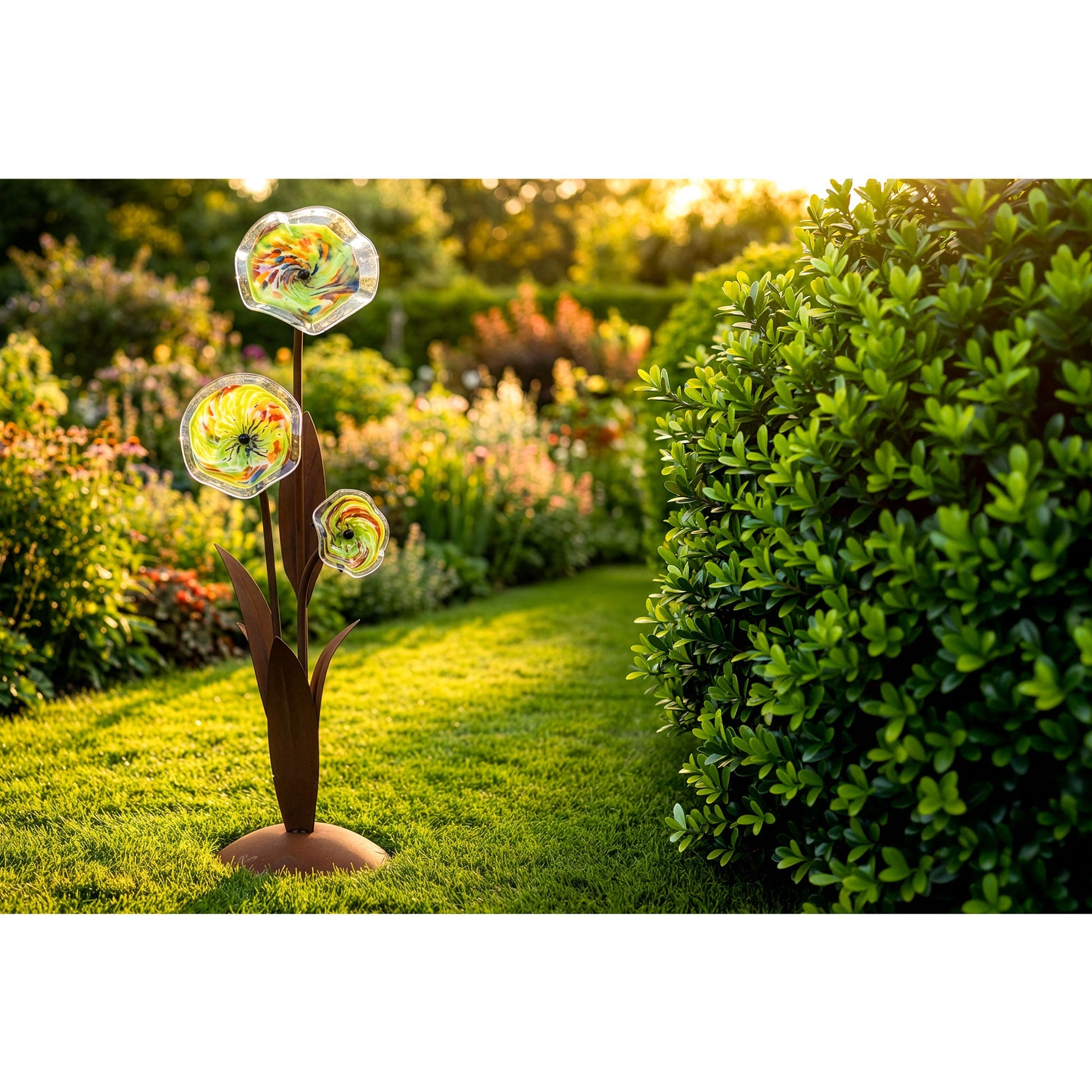 Glasblume Alexandra Edelrost Gartenstele mit handgeblasenen Glastellern 125 cm