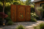 Dreiteilige Gartenwand aus Edelrost mit Buddha-Motiv und neutralen Elementen