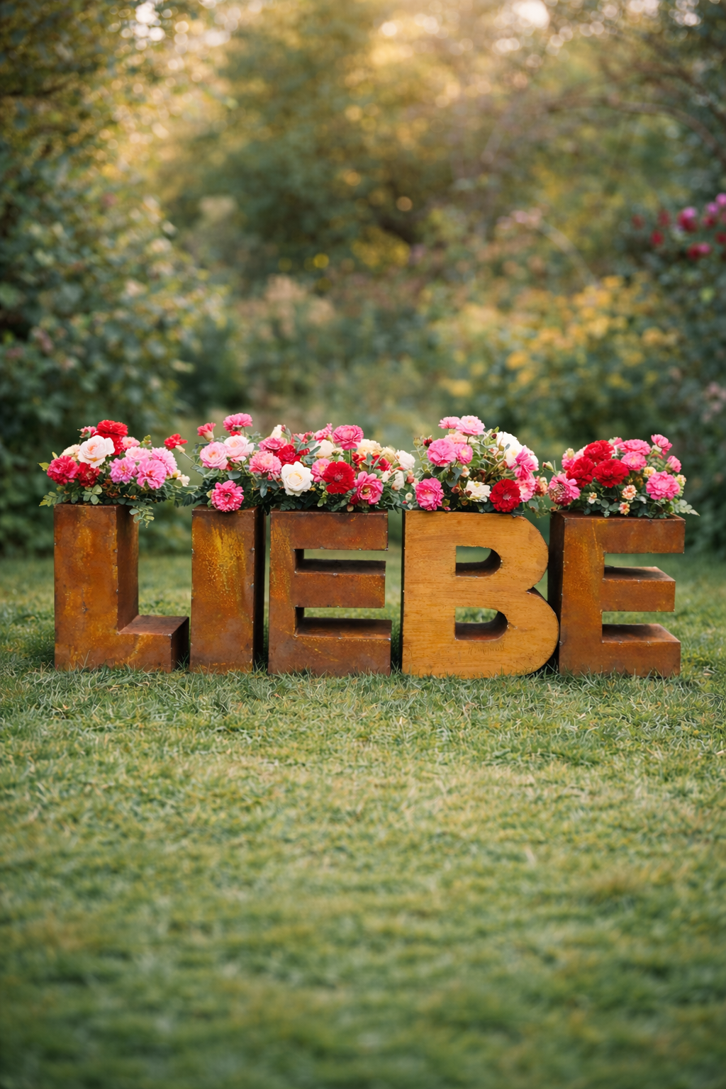 Design Schriftzug LIEBE zum Bepflanzen aus Edelrost – Metall Gartendeko
