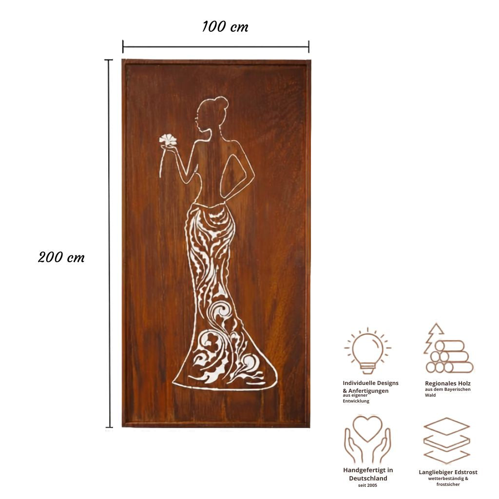 Edelrost Sichtschutzwand Frau Diana 200 × 100 cm – Parawand für Garten
