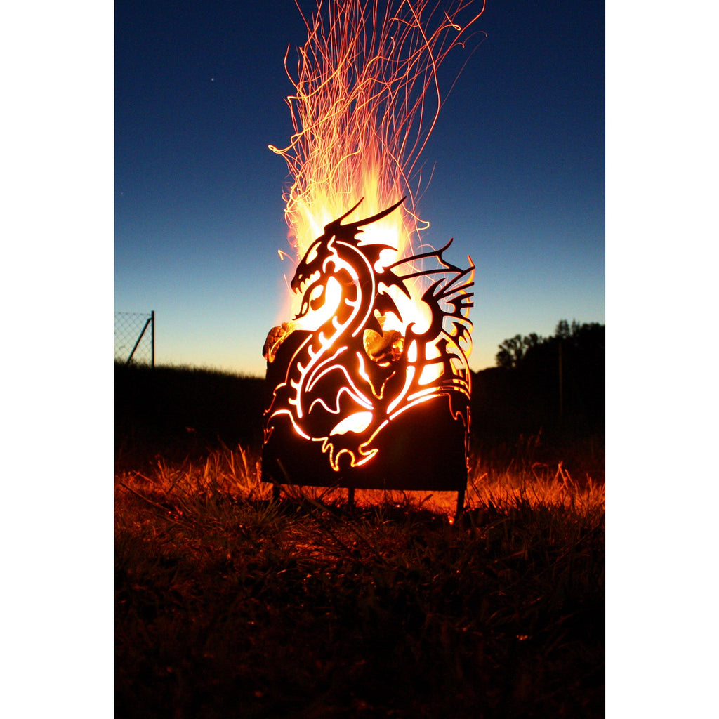 Feuerkorb rund Feuerschale aus Metall mit Drachen Motiv im Edelrost Design