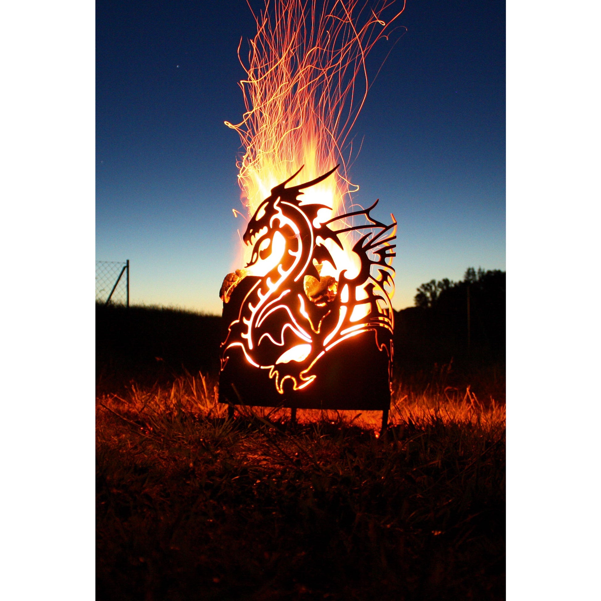 Feuerkorb rund Feuerschale aus Metall mit Drachen Motiv im Edelrost Design