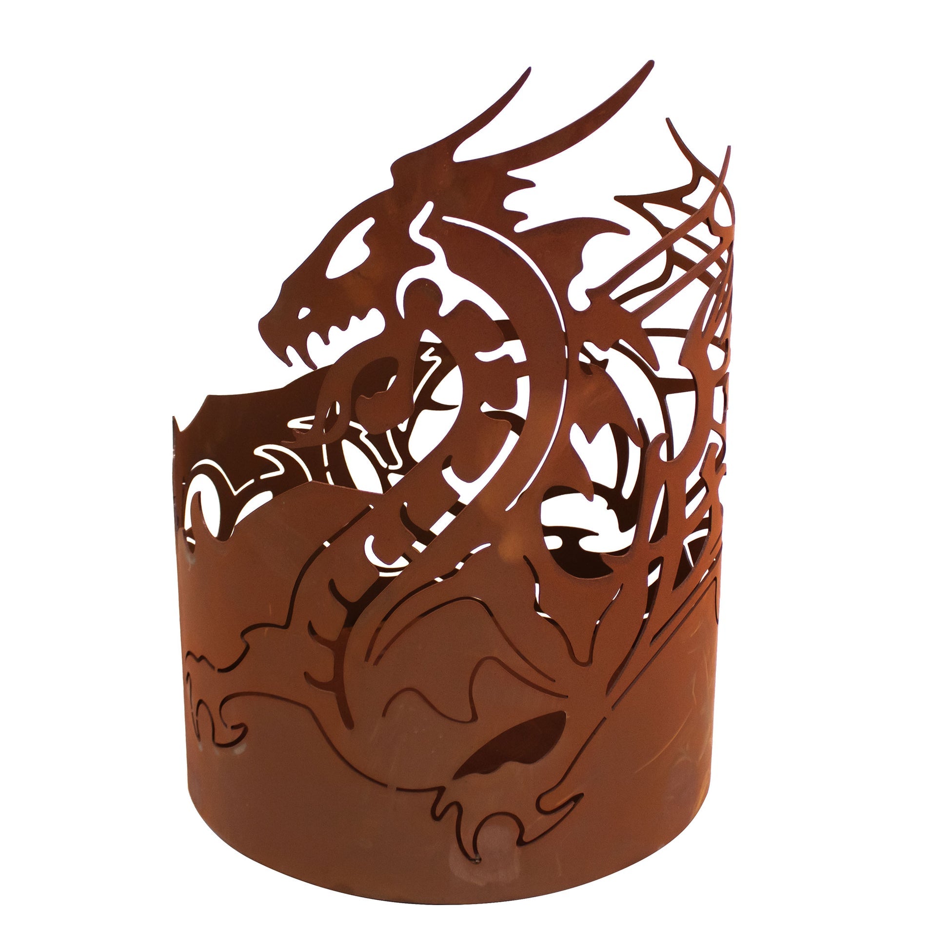 Feuerkorb rund Feuerschale aus Metall mit Drachen Motiv im Edelrost Design