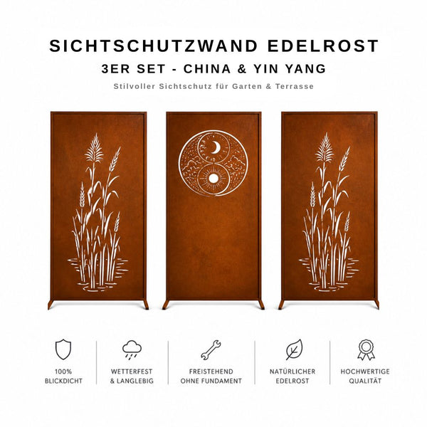 3-teiliges Edelrost Sichtschutzwand Set mit Schilf- und Yin-Yang-Motiv für Garten und Terrasse
