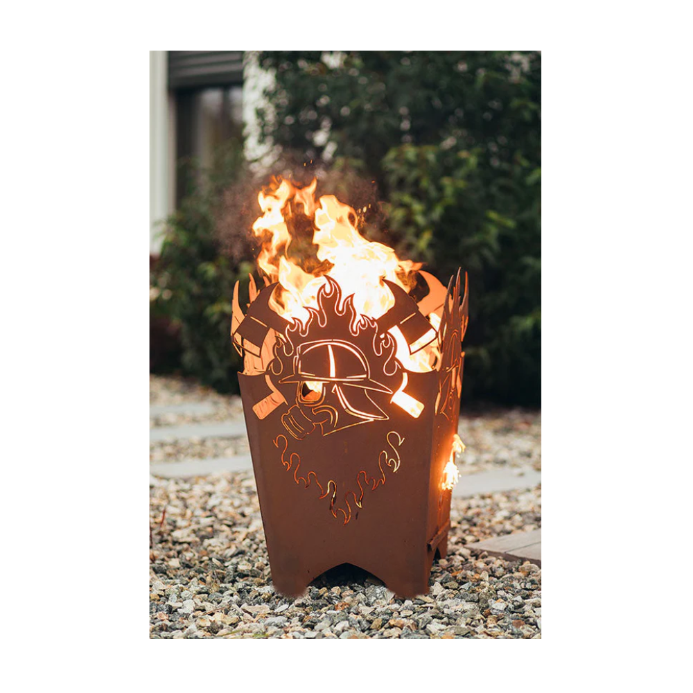 Feuerkorb Feuerwehr Atemschutz Motiv - Feuerstelle eckig aus Metall Edelrost