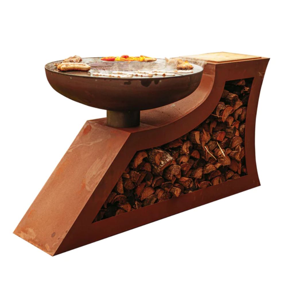 Grill Grillstelle Feuerstelle Holzkohlegrill XL L-Form mit Holzlege