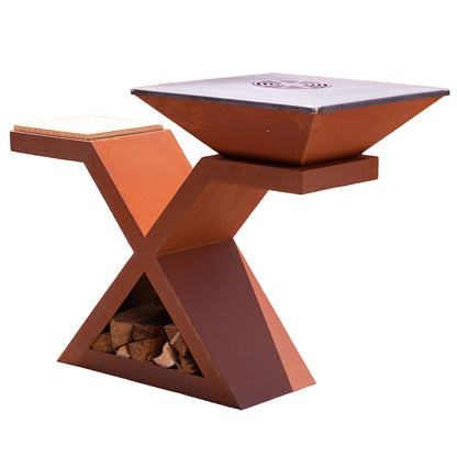 Edelrost Grill Feuerstelle X Holzkohlegrill mit Plancha