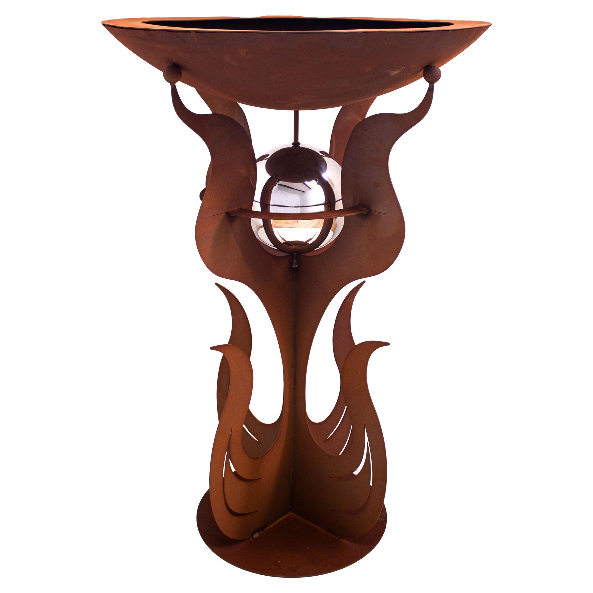 Flammenständer Edelrost Feuerstelle Metall, mit Schale und Edelstahlkugel