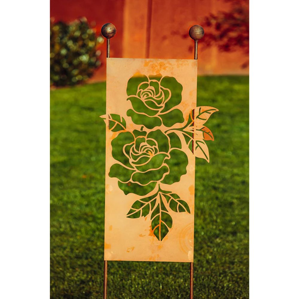 Gartenstecker XL aus Edelrost mit Rosen Motiv Gartendeko Rost Deko Gartenschild