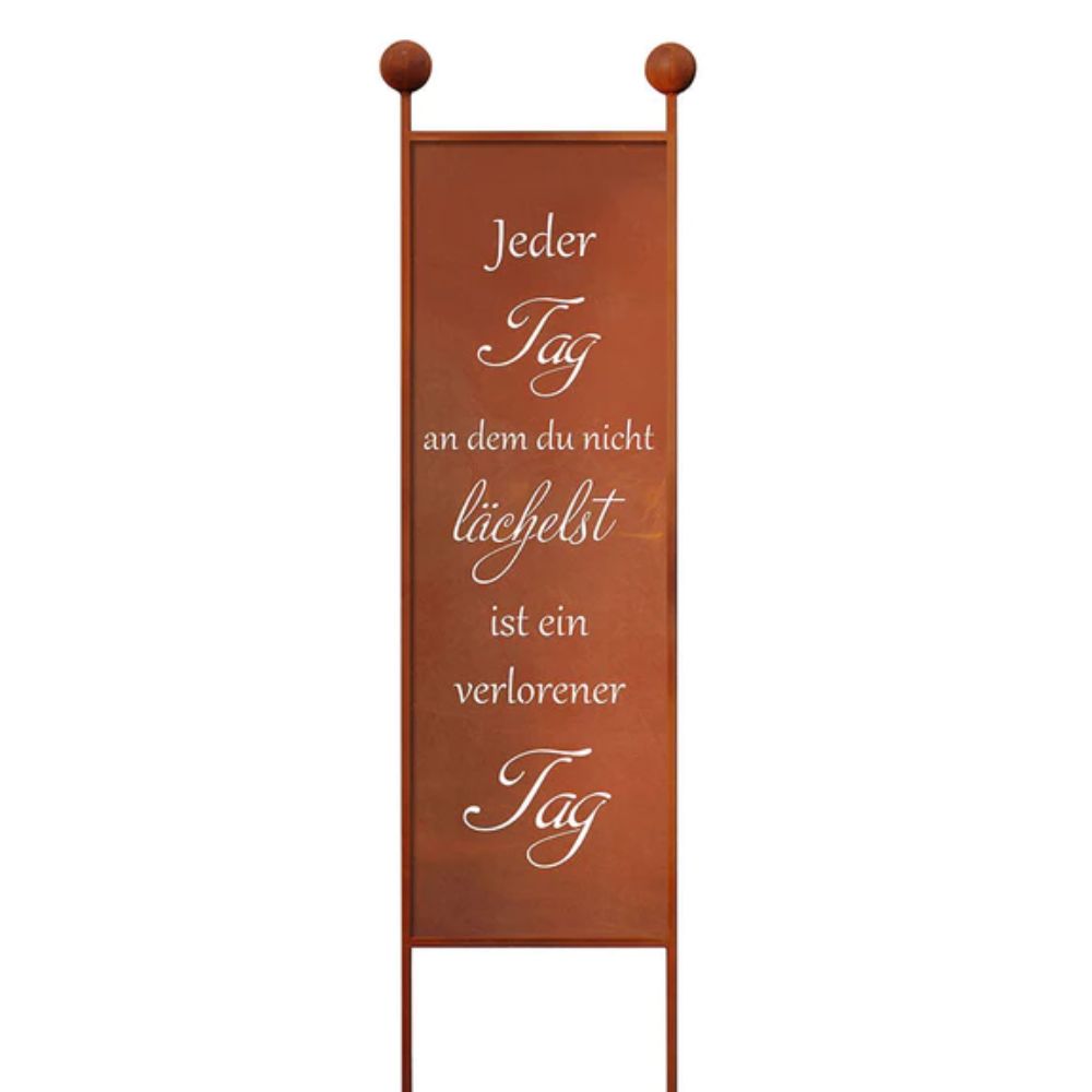 Gartenstecker XL aus Edelrost mit Spruch Lächeln - Rost Deko Spruchtafel
