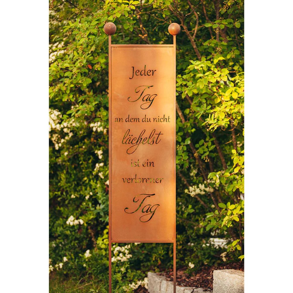 Gartenstecker XL aus Edelrost mit Spruch Lächeln - Rost Deko Spruchtafel