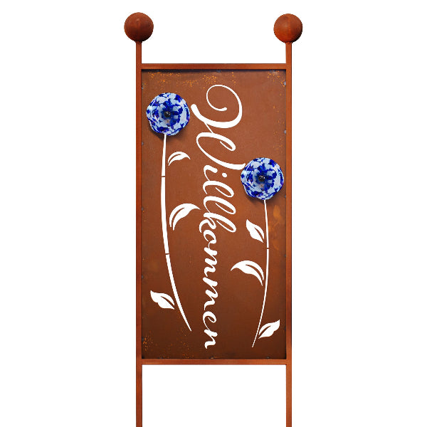Gartenstecker XL aus Edelrost Willkommen Blumen, inkl. 2 Glasblüten Eingangsdeko