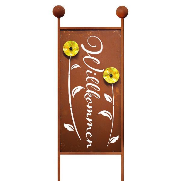 Gartenstecker XL aus Edelrost Willkommen Blumen, inkl. 2 Glasblüten Eingangsdeko