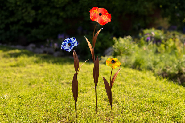 Glasblume - Mohnblume aus Metall Edelrost Blumendeko Glasblüte Garten