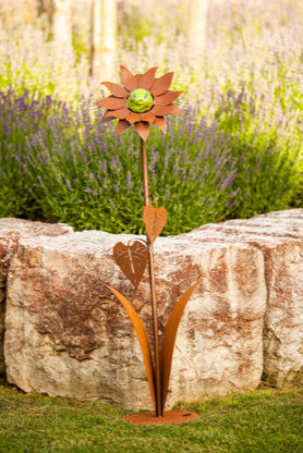 Glasblume Sonnenblume aus Edelrost mit Glaskugel in 3 Größen Gartendekoration
