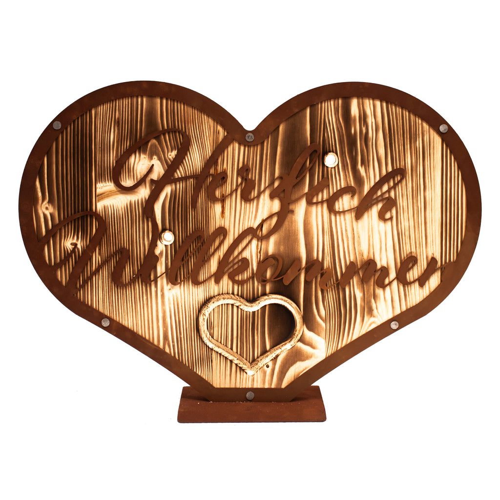 Holzherz - Herzlich Willkommen Holz-Edelrost-Kombination, Dekoration Eingang