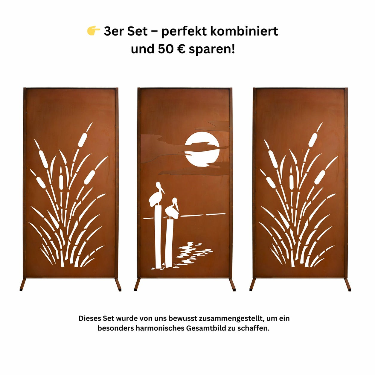 3er Set Edelrost Sichtschutz Schilf & Meer Naturdesign Höhe 200 cm Breite 300 cm