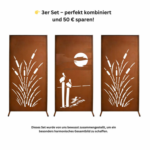 3er Set Edelrost Sichtschutz Schilf & Meer Naturdesign Höhe 200 cm Breite 300 cm