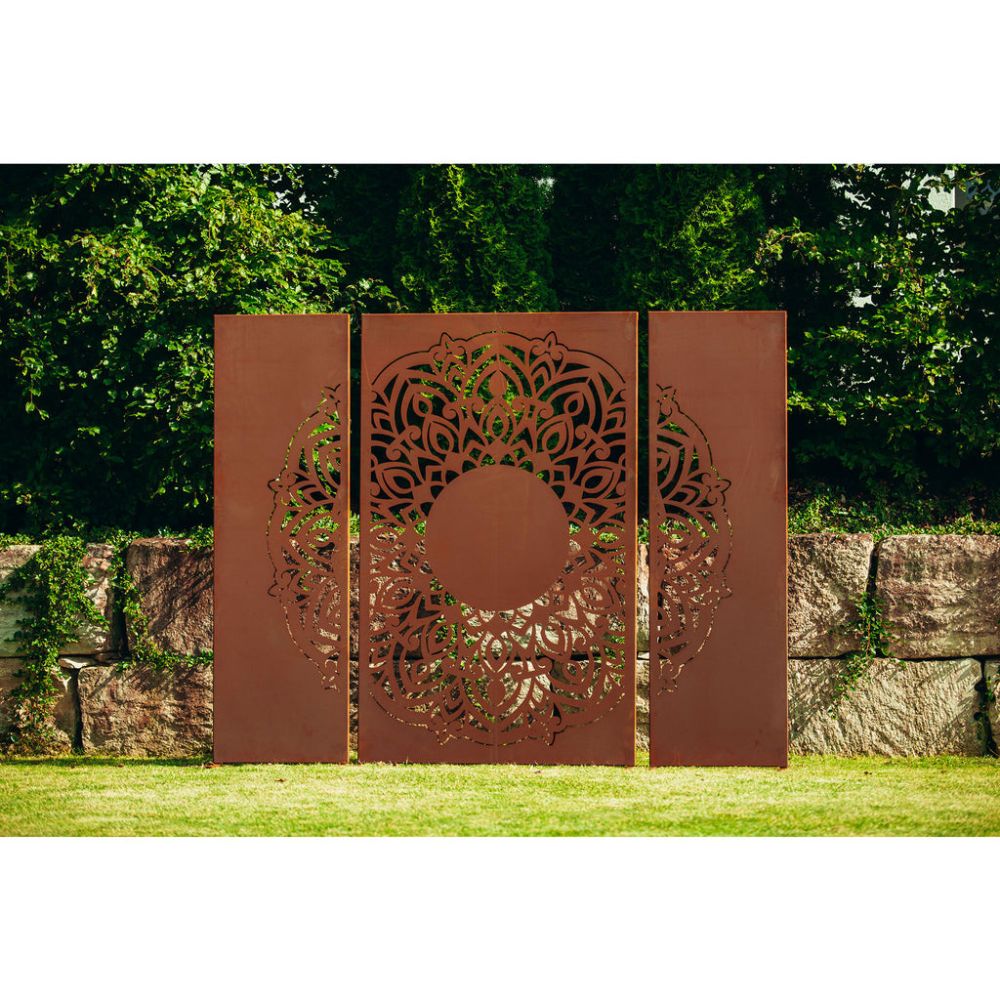 Sichtschutzwand Edelrost - Mandala Motiv - 3-teilig Paravent Trennwand Windschutzwand