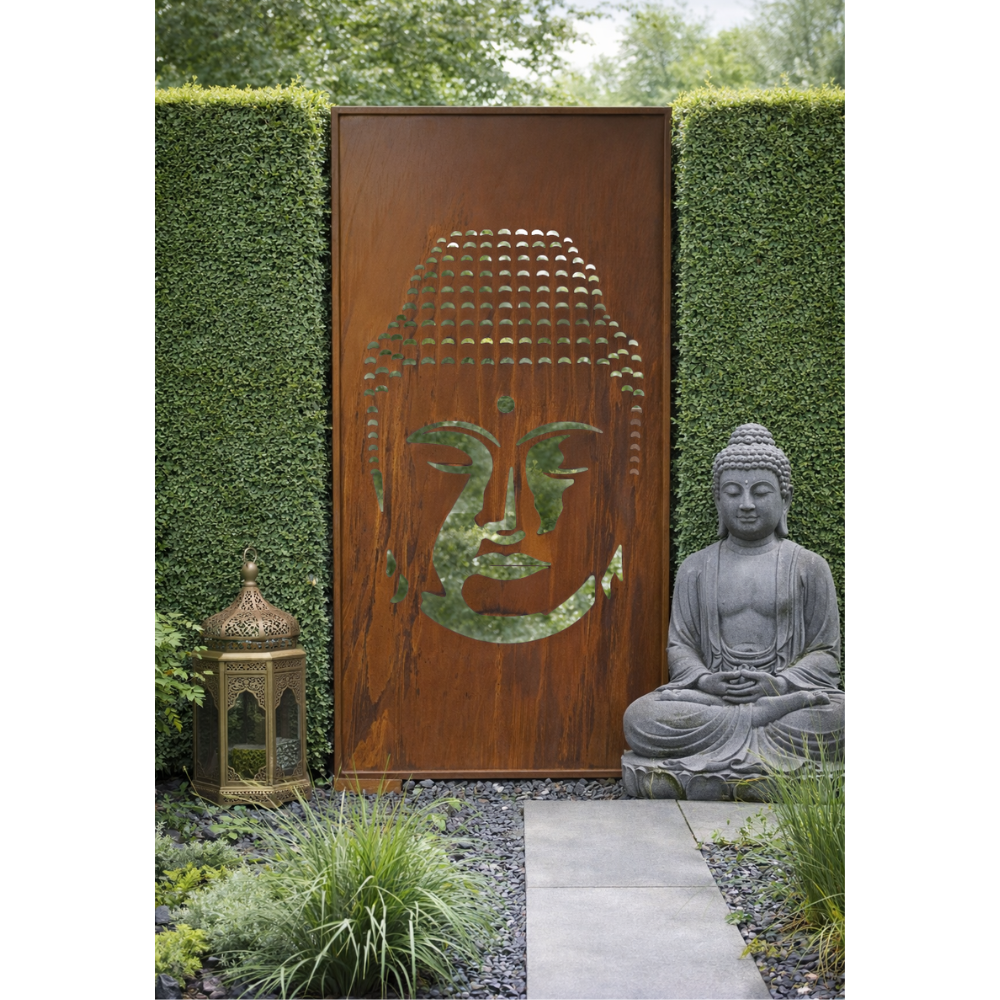 Parawand Buddha aus Edelrost 100 × 200 cm Dekorativer Sichtschutz für den Garten