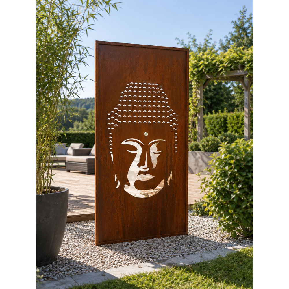 Parawand Buddha aus Edelrost 100 × 200 cm Dekorativer Sichtschutz für den Garten
