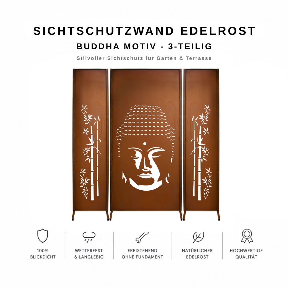 3-teilige Edelrost Sichtschutzwand mit Buddha-Motiv für Garten und Terrasse