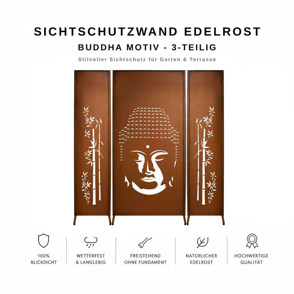 Sichtschutzwand Edelrost - Buddha Motiv - 3teilig Paravent Trennwand Windschutzwand