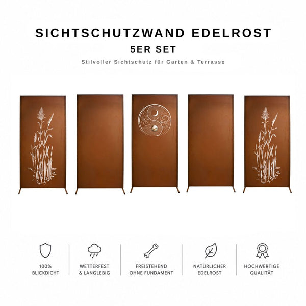 5-teiliges Edelrost Sichtschutzwand Set mit China-Motiv, Yin-Yang-Element und neutralen Flächen