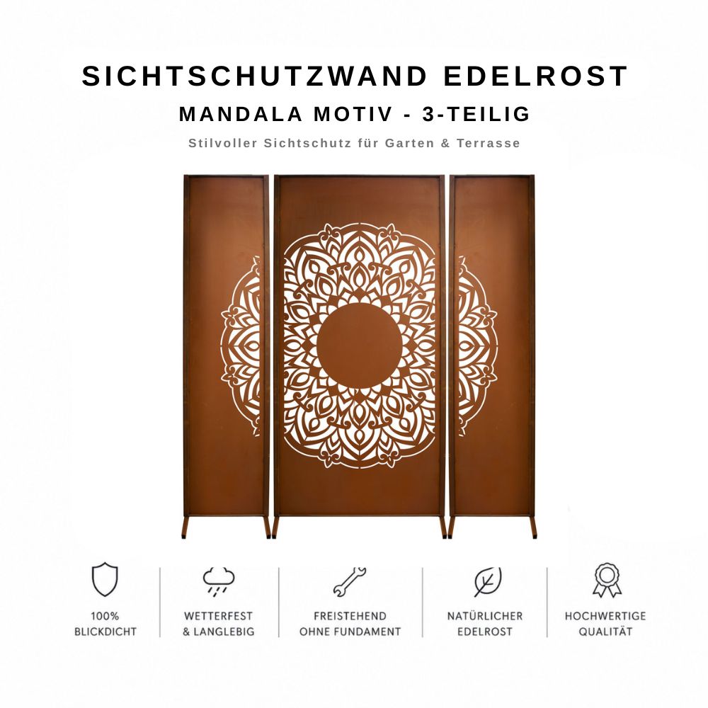 3-teilige Sichtschutzwand aus Edelrost mit filigranem Mandala-Motiv für Garten und Terrasse