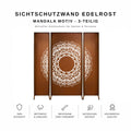 3-teilige Sichtschutzwand aus Edelrost mit filigranem Mandala-Motiv für Garten und Terrasse