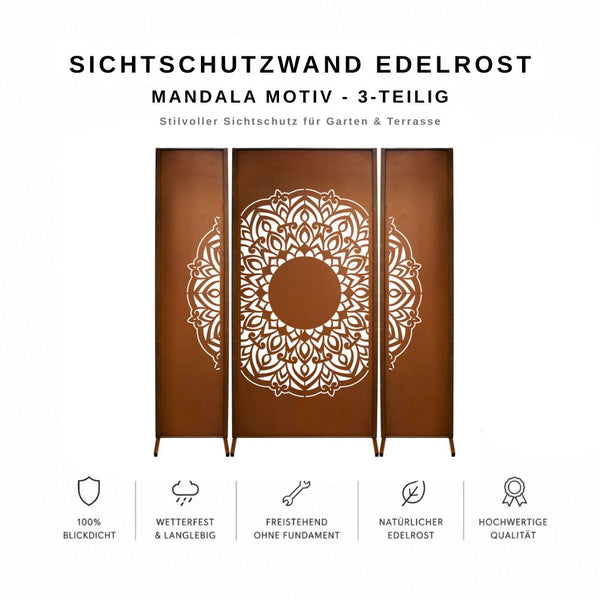 Sichtschutzwand Edelrost - Mandala Motiv - 3-teilig Paravent Trennwand Windschutzwand