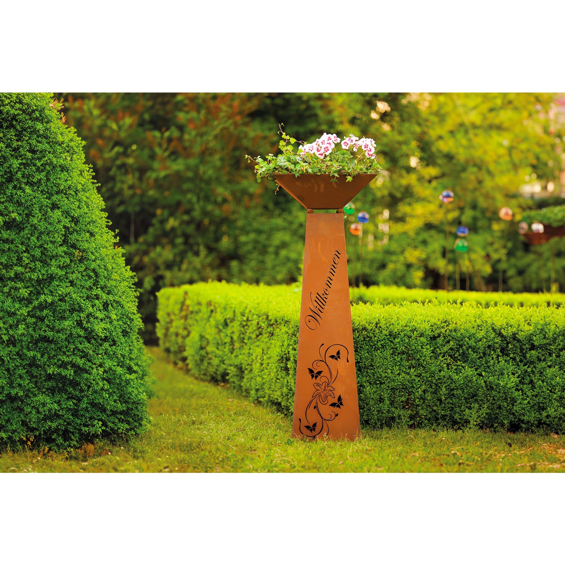 Trapez-Säule Willkommen Lilie Edelrost Säule Rostsäule Gartendeko Rostdeko Rost
