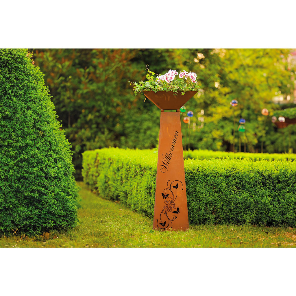 Trapez-Säule Willkommen Lilie Edelrost Säule Rostsäule Gartendeko Rostdeko Rost