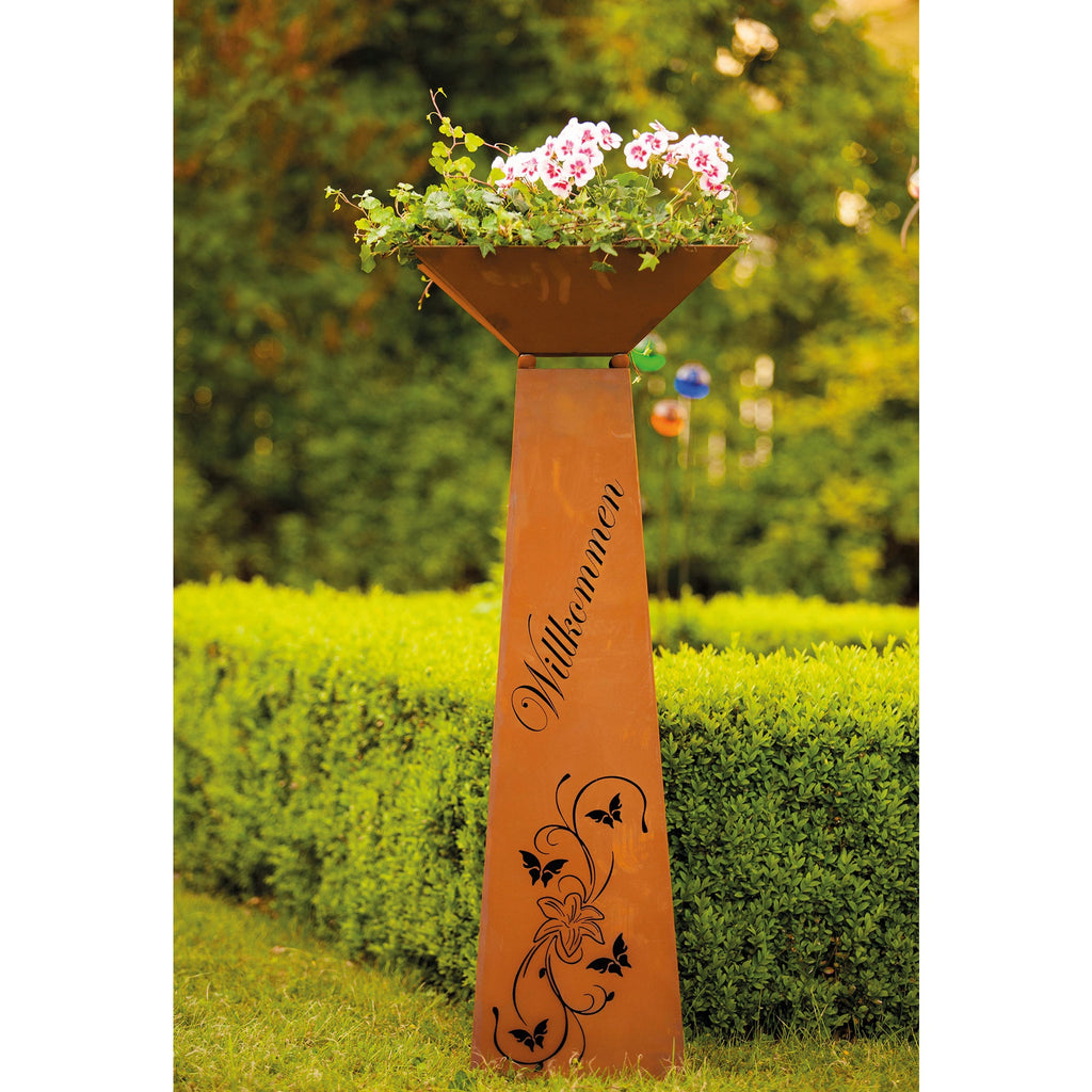 Trapez-Säule Willkommen Lilie Edelrost Säule Rostsäule Gartendeko Rostdeko Rost
