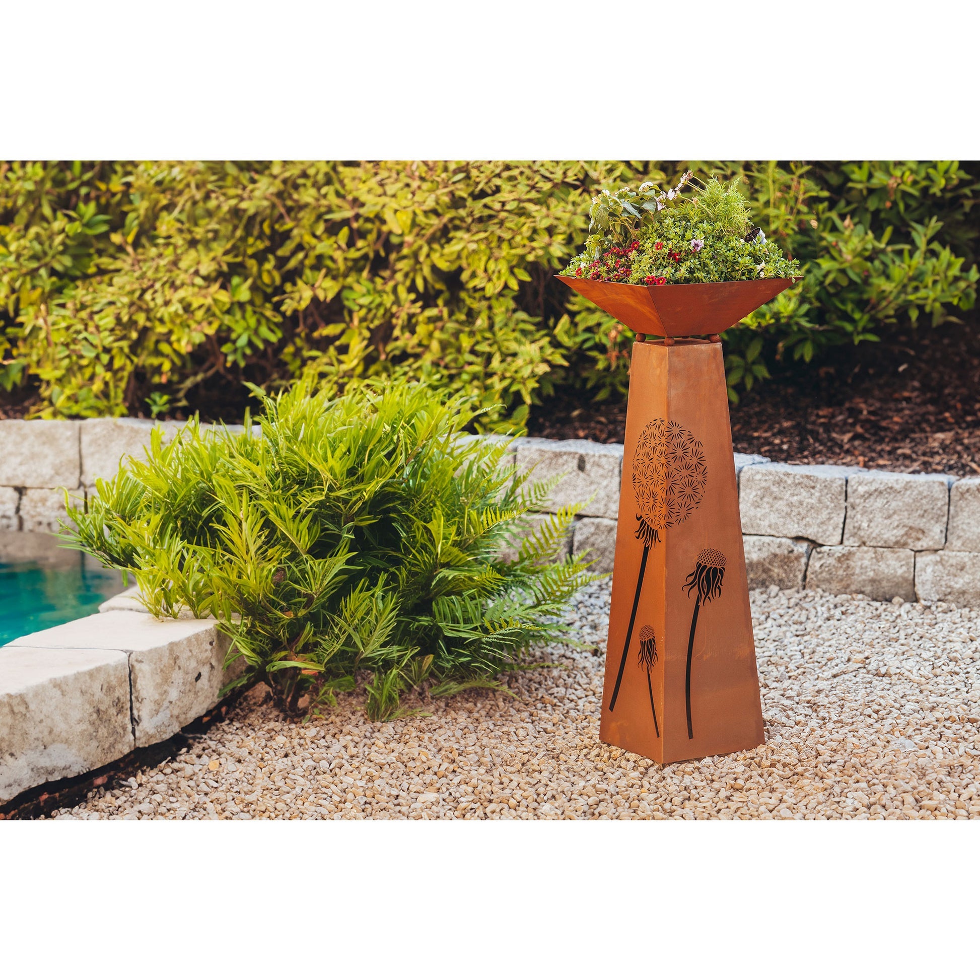 Rost Garten Säule Trapez - Pusteblume aus Metall im Edelrost Design Rostsäule