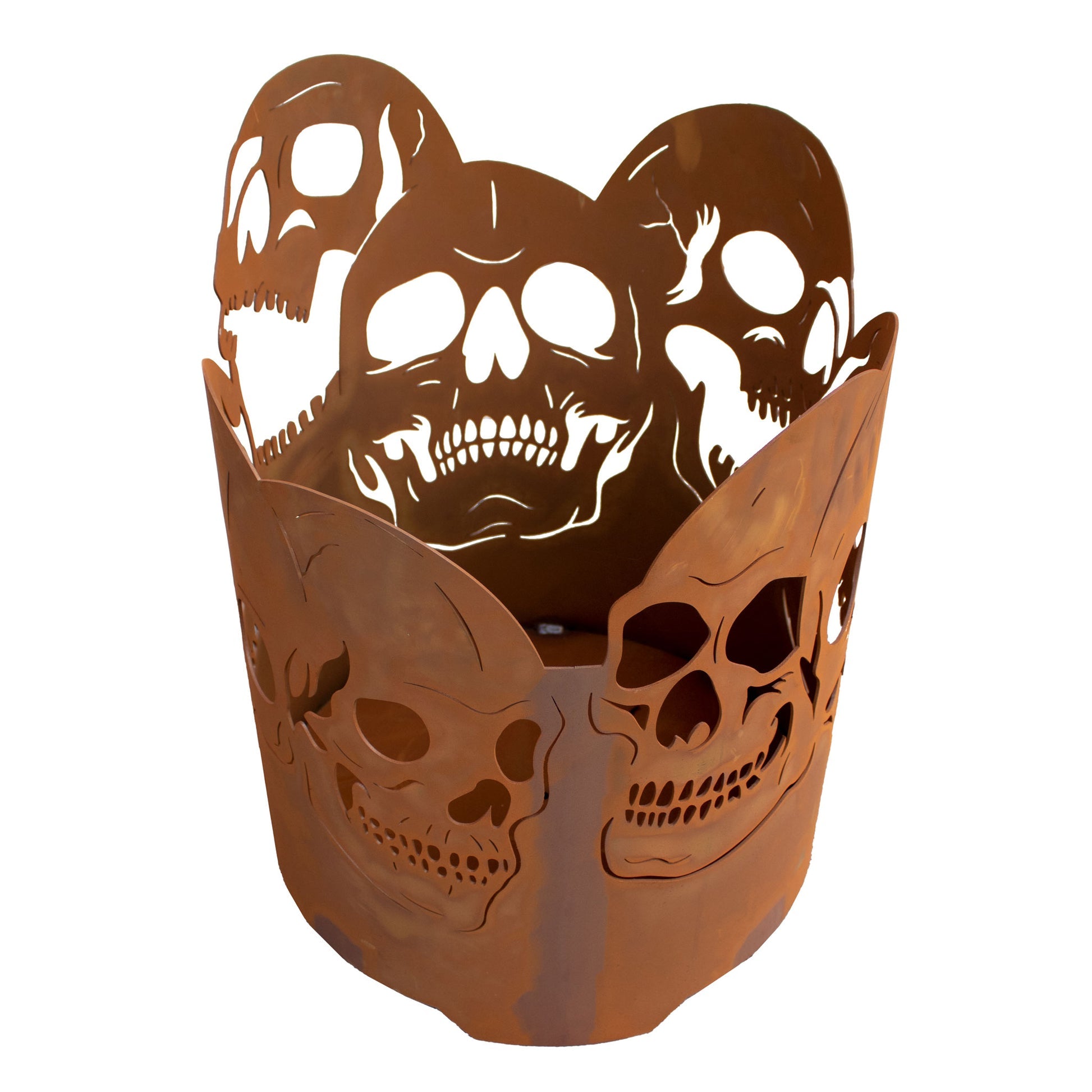 Feuerkorb rund mit Totenschädeln aus Metall Edelrost Feuertonne Feuerschale