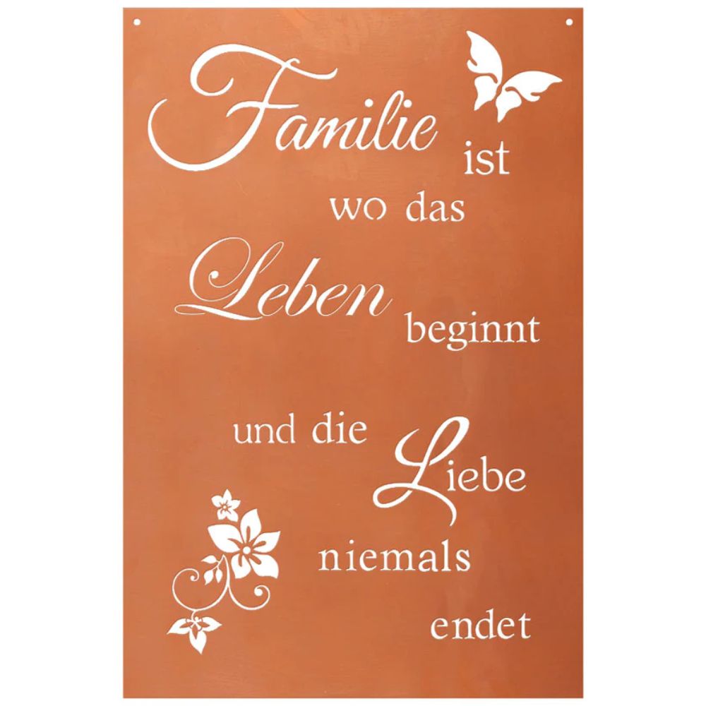 Edelrost Schild Gedichttafel "FamilieLebenLiebe" Spruchschild Rost Deko