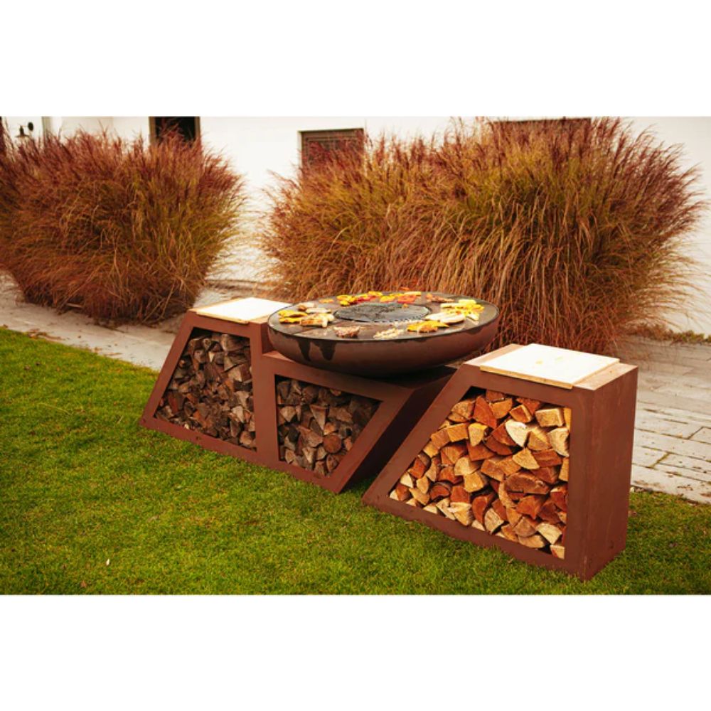 Holzlege mit Schneidebrett Trapez aus Metall im Edelrost Design