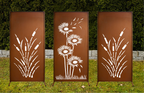 Edelrost Sichtschutzwand im 3er Set mit Windhauch und Schilf Design