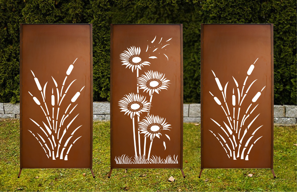 Edelrost Sichtschutzwand im 3er Set mit Windhauch und Schilf Design