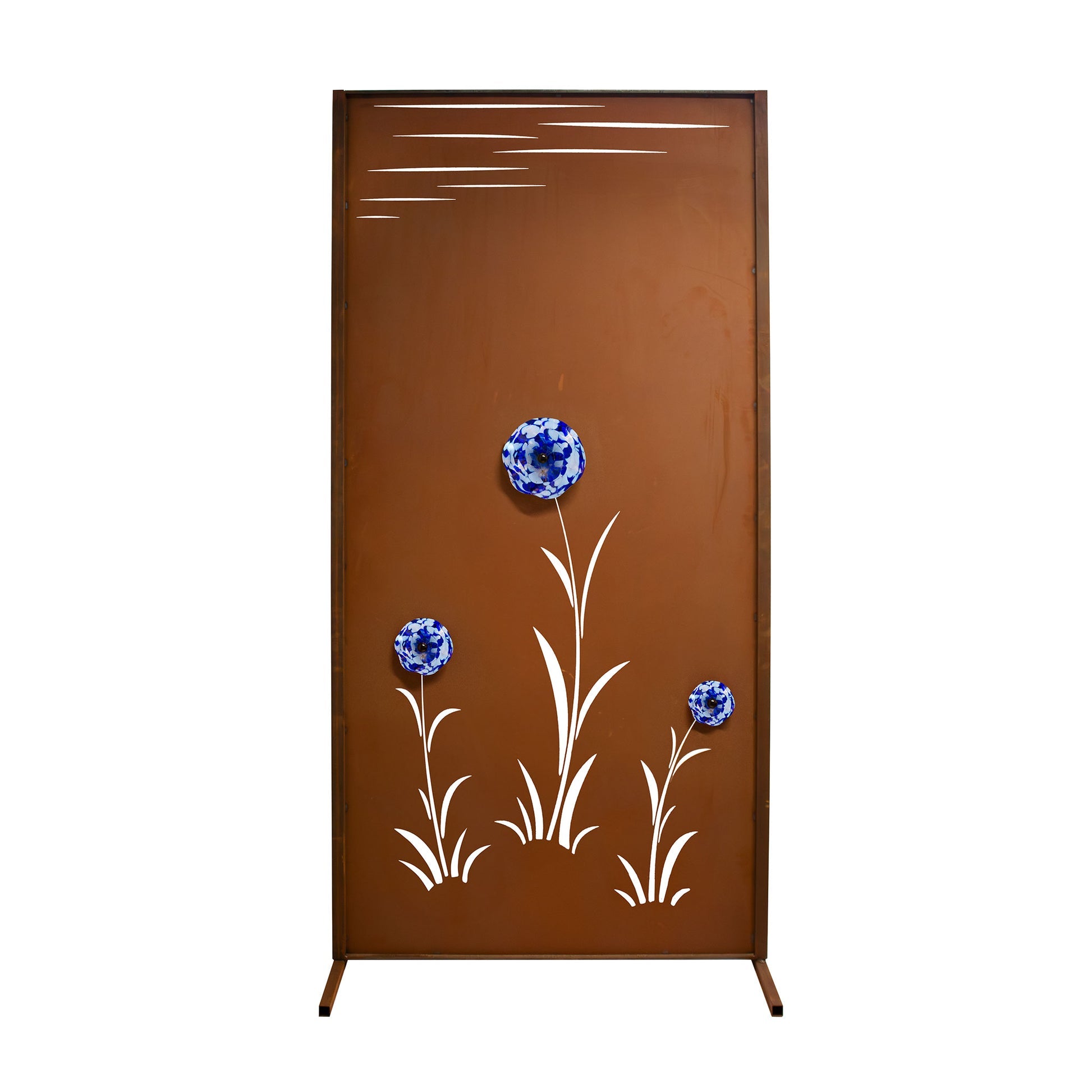 Sichtschutzwand Edelrost - Blütenmeer Motiv - Metall Trennwand mit Glasblüten