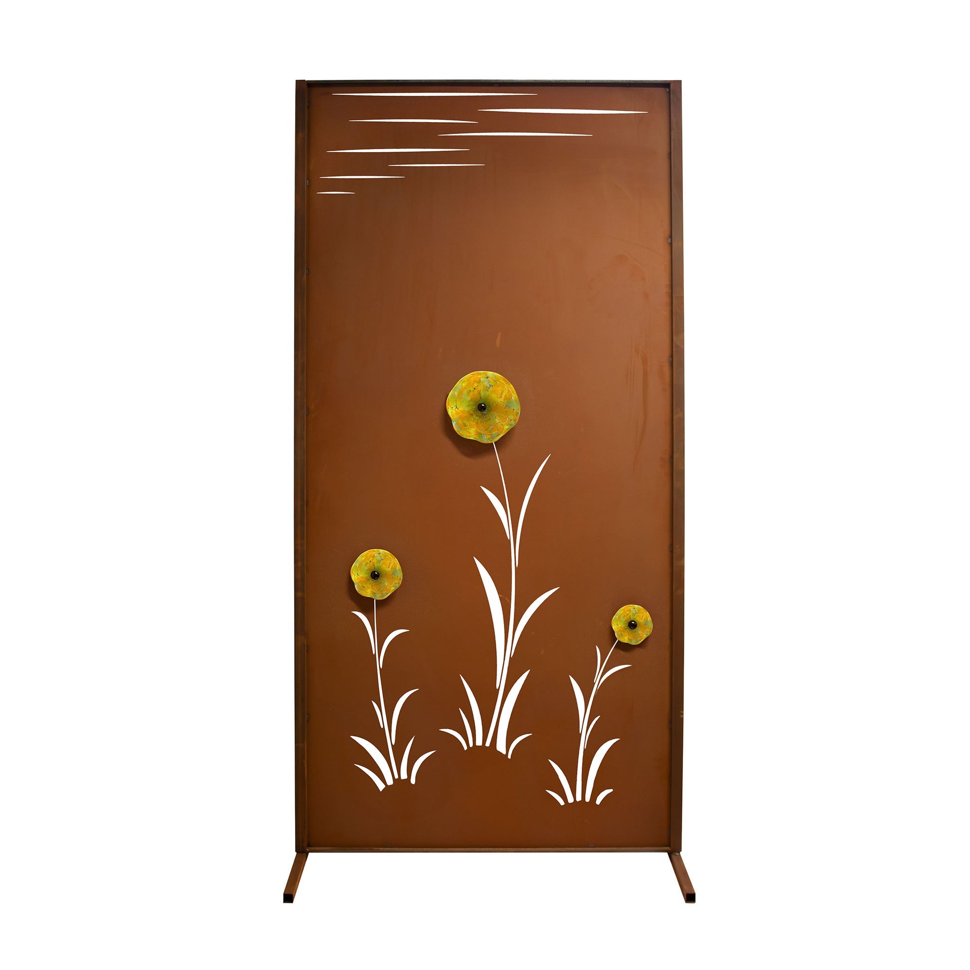 Sichtschutzwand Edelrost - Blütenmeer Motiv - Metall Trennwand mit Glasblüten