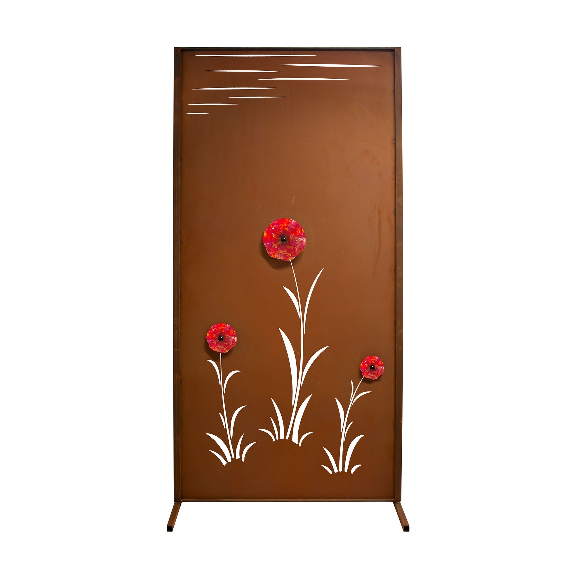 Sichtschutzwand Edelrost - Blütenmeer Motiv - Metall Trennwand mit Glasblüten