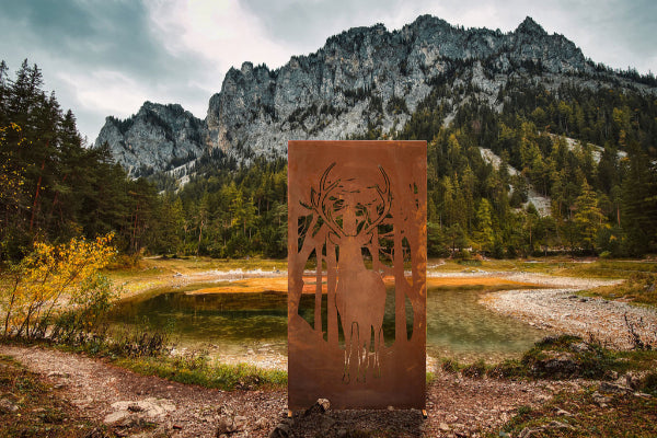 Sichtschutzwand Edelrost - Wald & Hirsch Motiv - Paravent Trennwand Windschutzwand